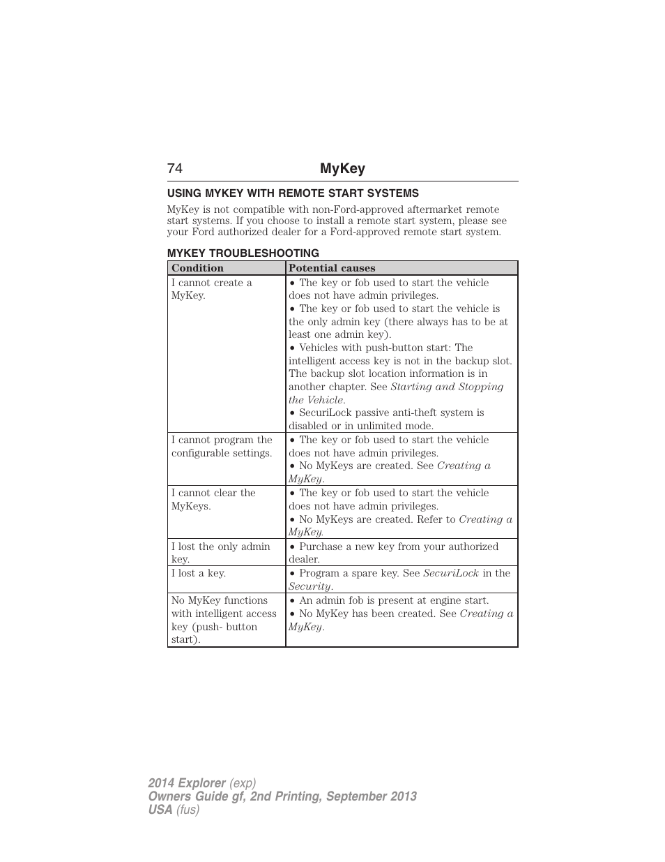 Using mykey with remote start systems, Mykey troubleshooting, Remote start, mykey | Troubleshooting, mykey, 74 mykey | FORD 2014 Explorer v.2 User Manual | Page 76 / 593