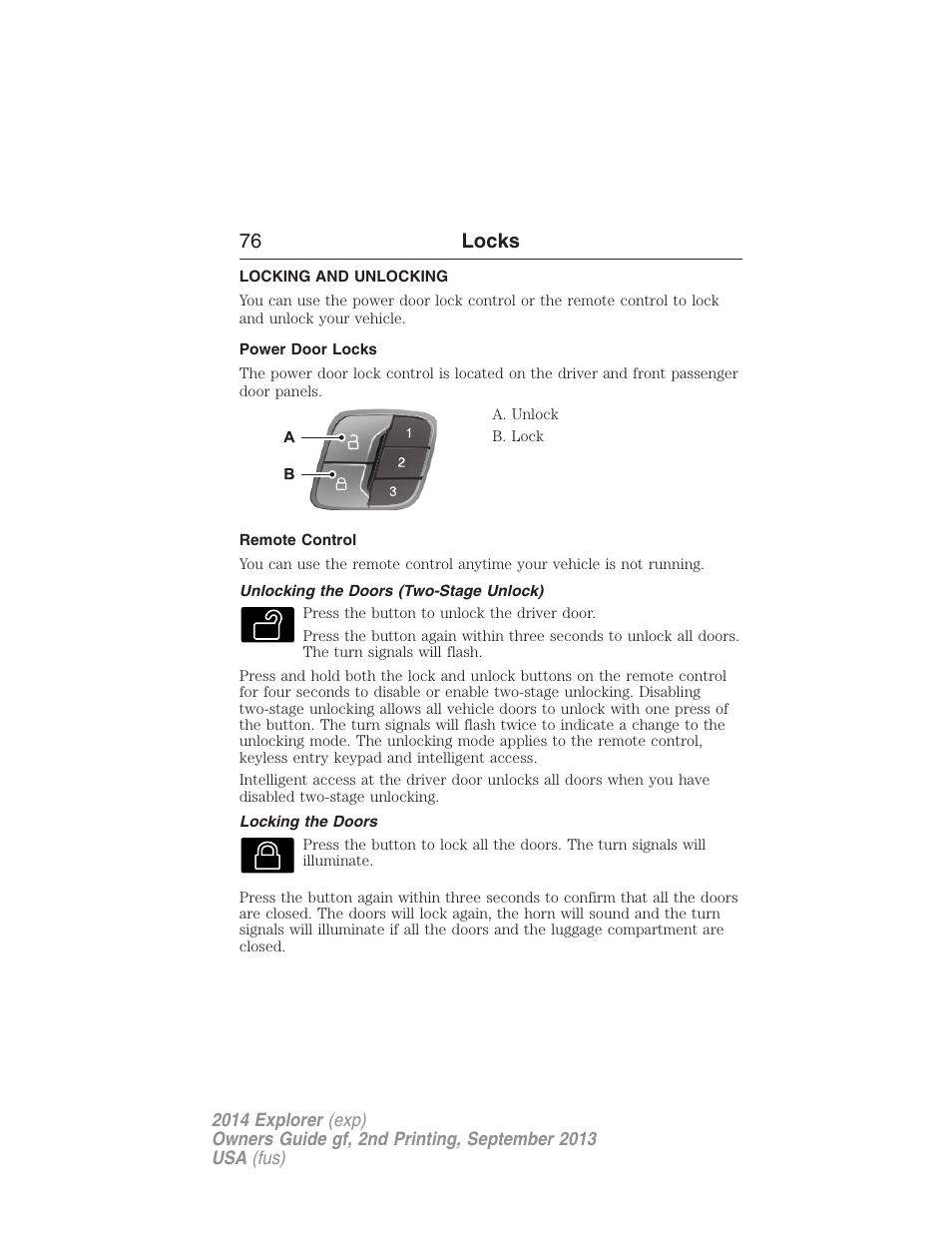 Locks, Locking and unlocking, Power door locks | Remote control, Unlocking the doors (two-stage unlock), Locking the doors, 76 locks | FORD 2014 Explorer v.2 User Manual | Page 78 / 593