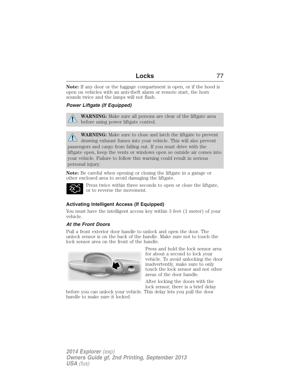 Power liftgate (if equipped), Activating intelligent access (if equipped), At the front doors | Locks 77 | FORD 2014 Explorer v.2 User Manual | Page 79 / 593