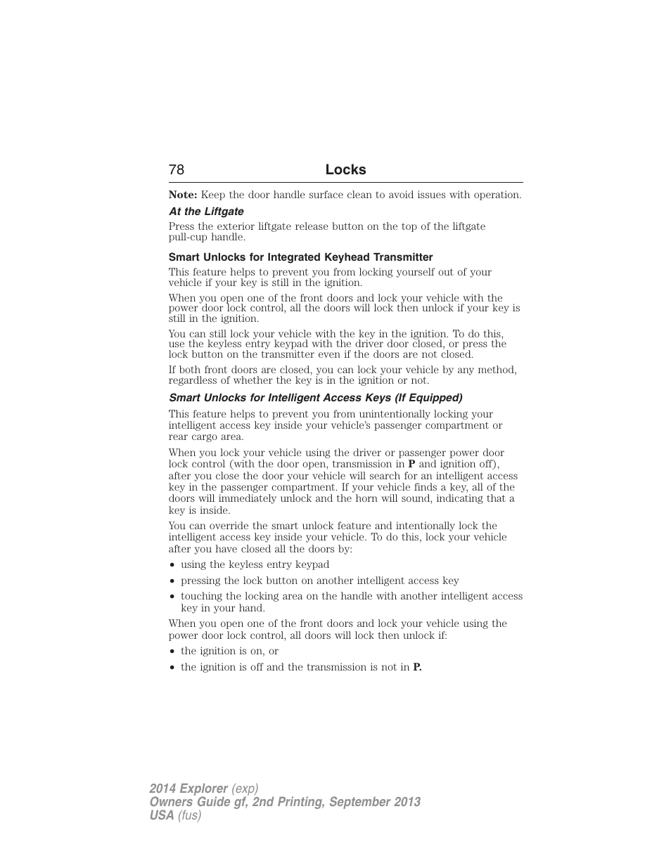 At the liftgate, Smart unlocks for integrated keyhead transmitter, 78 locks | FORD 2014 Explorer v.2 User Manual | Page 80 / 593