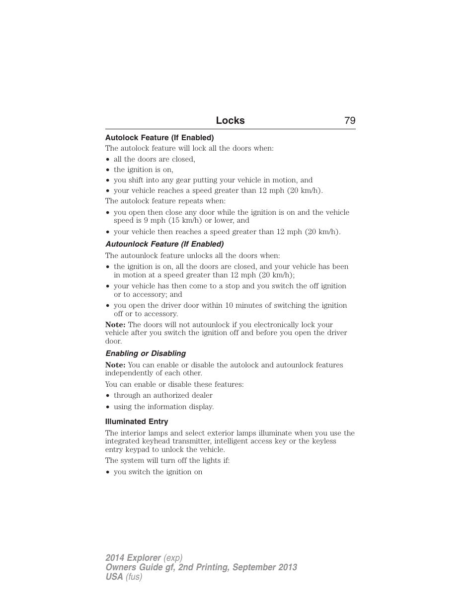 Autolock feature (if enabled), Autounlock feature (if enabled), Enabling or disabling | Illuminated entry, Locks 79 | FORD 2014 Explorer v.2 User Manual | Page 81 / 593