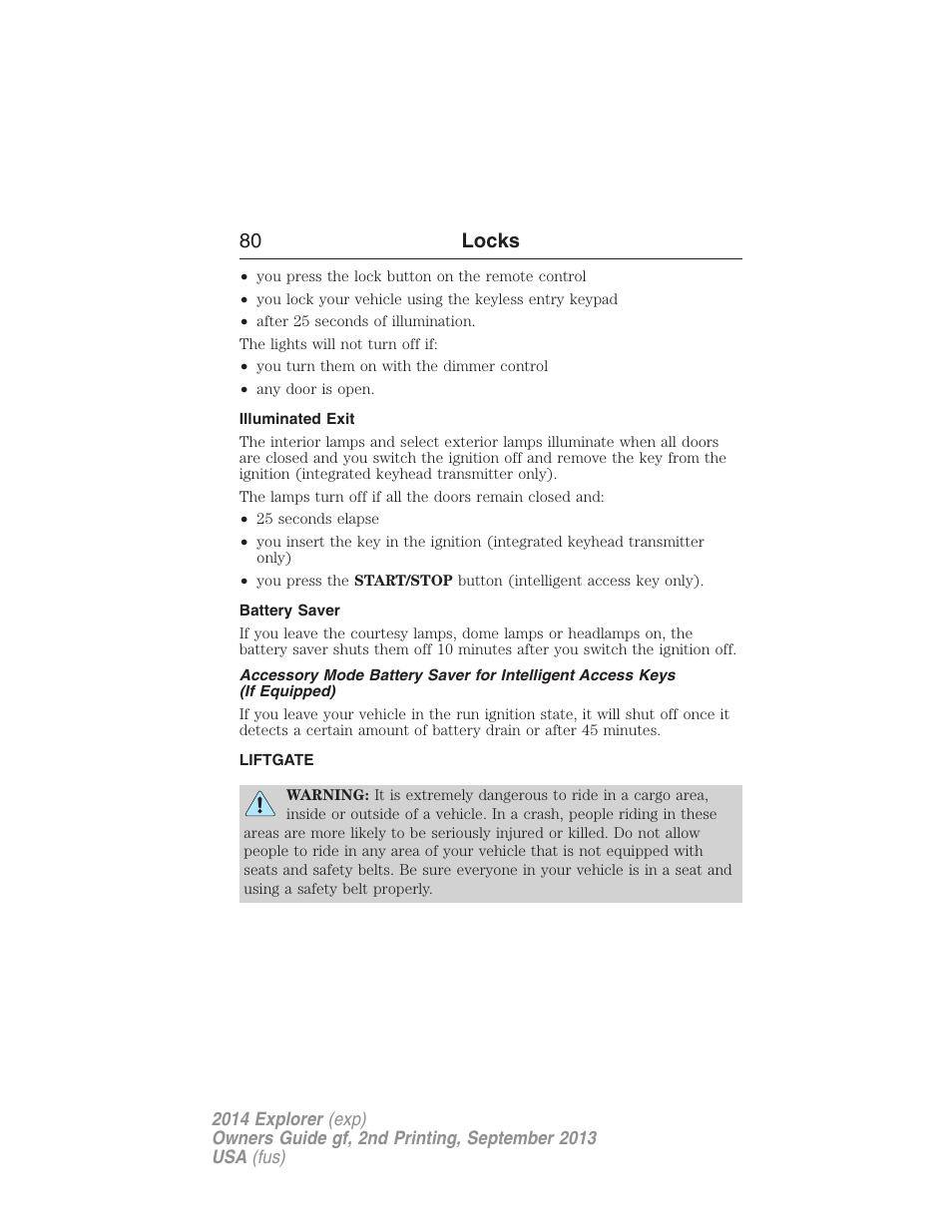 Illuminated exit, Battery saver, Liftgate | 80 locks | FORD 2014 Explorer v.2 User Manual | Page 82 / 593