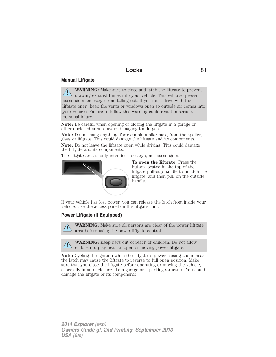 Manual liftgate, Power liftgate (if equipped), Locks 81 | FORD 2014 Explorer v.2 User Manual | Page 83 / 593