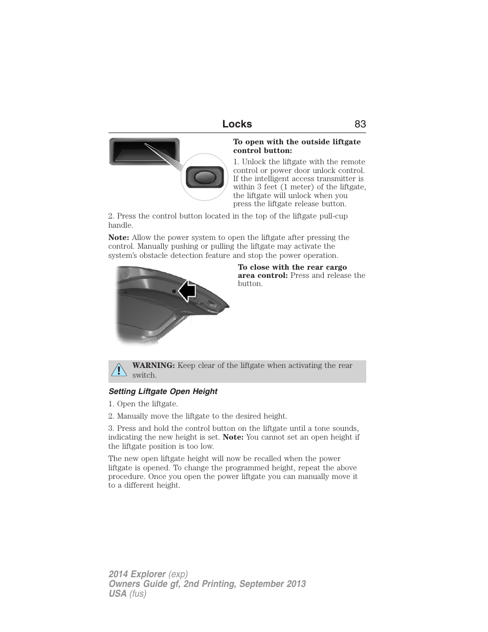 Setting liftgate open height, Locks 83 | FORD 2014 Explorer v.2 User Manual | Page 85 / 593