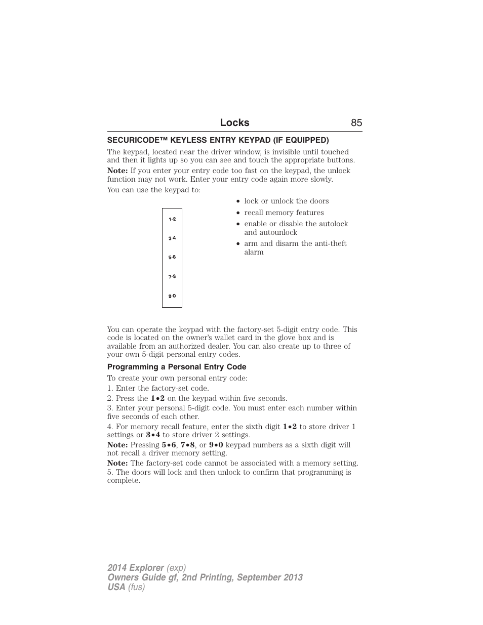 Securicode™ keyless entry keypad (if equipped), Programming a personal entry code, Securicode™ keyless entry keypad | Locks 85 | FORD 2014 Explorer v.2 User Manual | Page 87 / 593