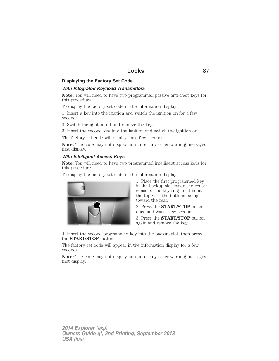 Displaying the factory set code, With integrated keyhead transmitters, With intelligent access keys | Locks 87 | FORD 2014 Explorer v.2 User Manual | Page 89 / 593