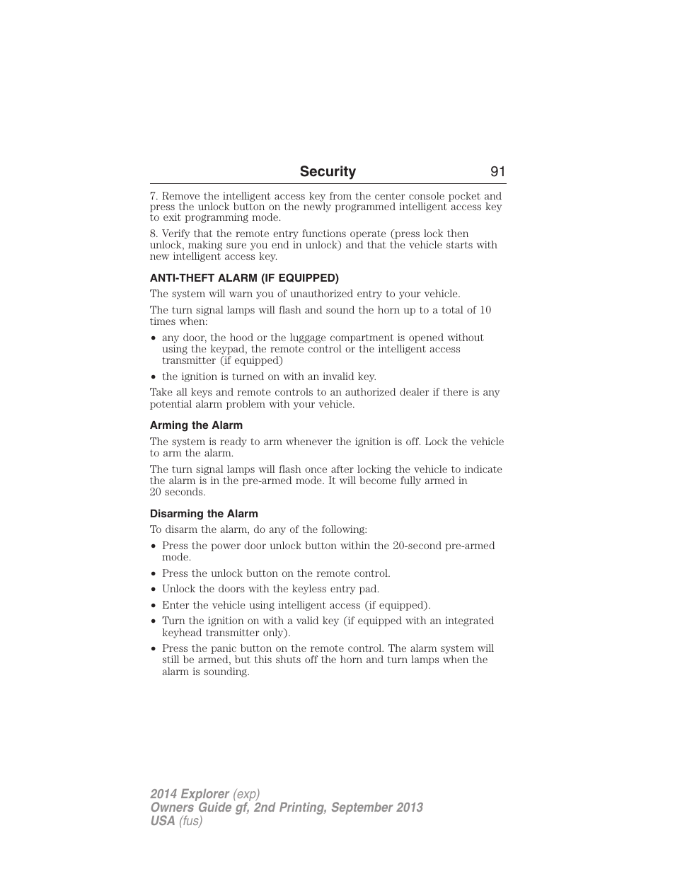 Anti-theft alarm (if equipped), Arming the alarm, Disarming the alarm | Anti-theft alarm, Security 91 | FORD 2014 Explorer v.2 User Manual | Page 93 / 593