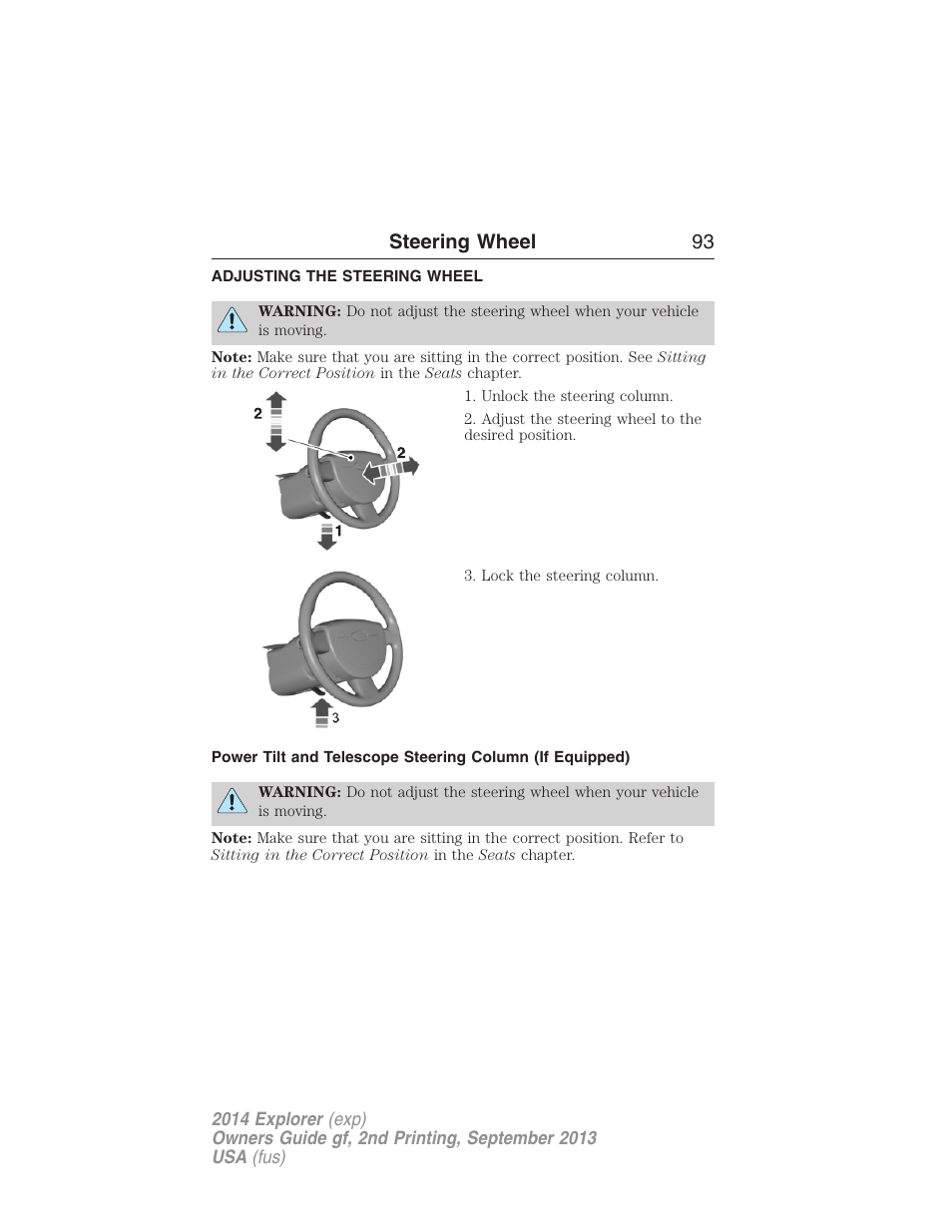 Steering wheel, Adjusting the steering wheel, Steering wheel 93 | FORD 2014 Explorer v.2 User Manual | Page 95 / 593