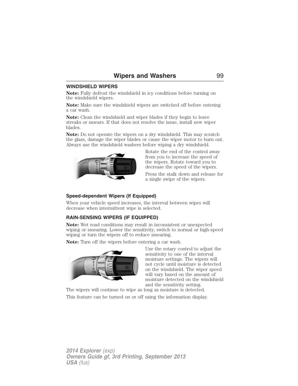 Wipers and washers, Windshield wipers, Speed-dependent wipers (if equipped) | Rain-sensing wipers (if equipped), Rain-sensing wipers, Wipers and washers 99 | FORD 2014 Explorer v.3 User Manual | Page 100 / 593