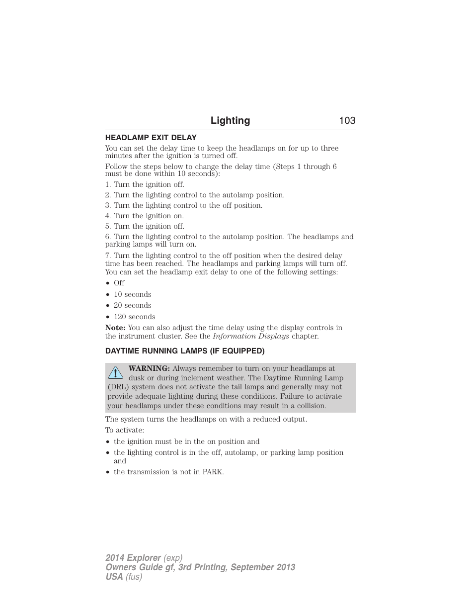 Headlamp exit delay, Daytime running lamps (if equipped), Daytime running lamps | Lighting 103 | FORD 2014 Explorer v.3 User Manual | Page 104 / 593