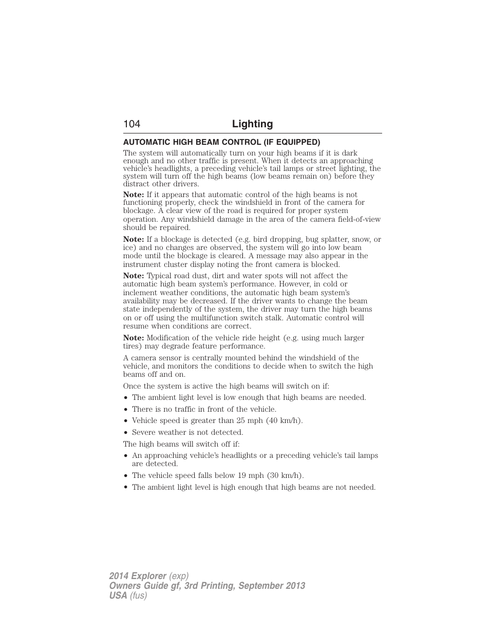 Automatic high beam control (if equipped), Automatic high beam control, 104 lighting | FORD 2014 Explorer v.3 User Manual | Page 105 / 593