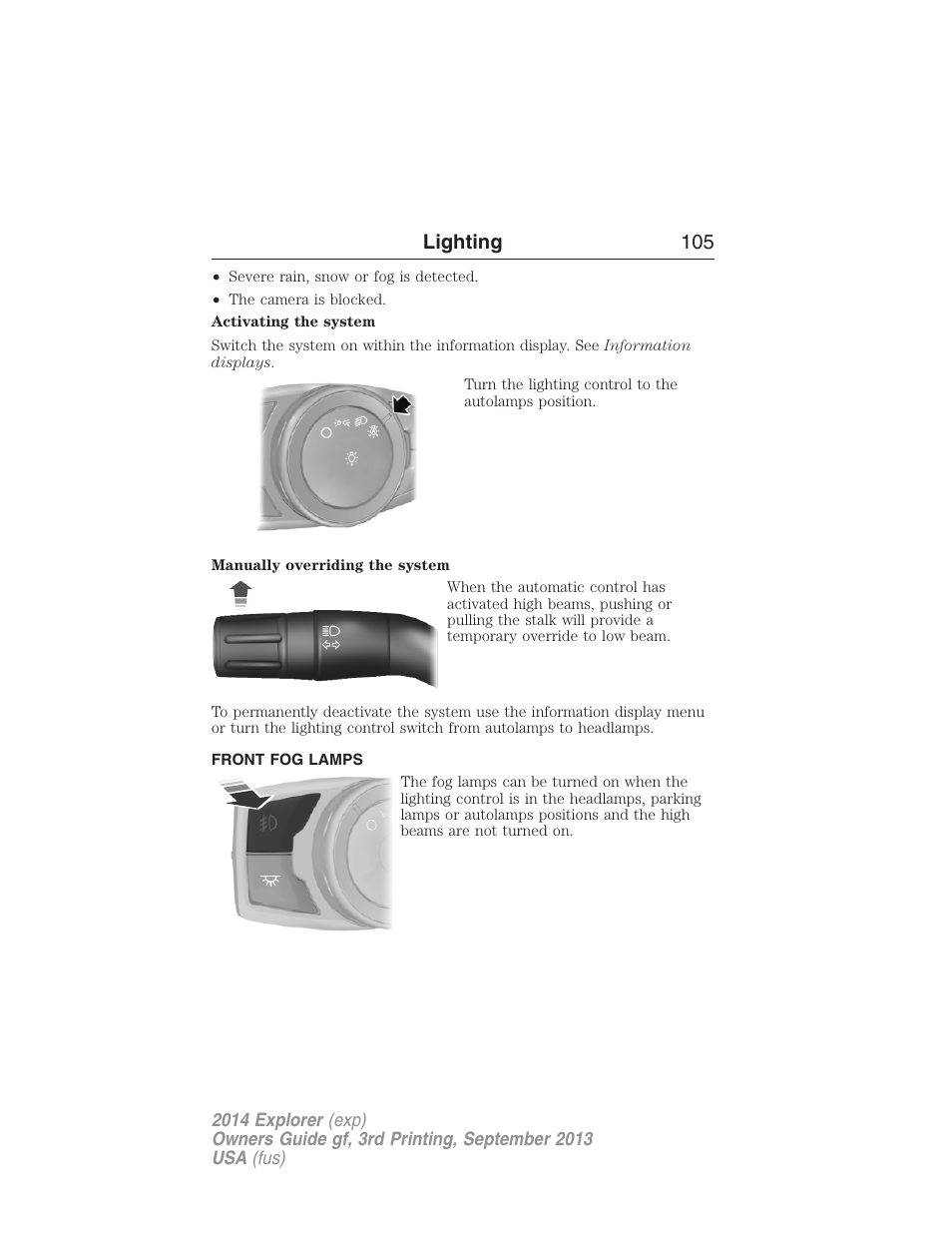 Front fog lamps, Lighting 105 | FORD 2014 Explorer v.3 User Manual | Page 106 / 593