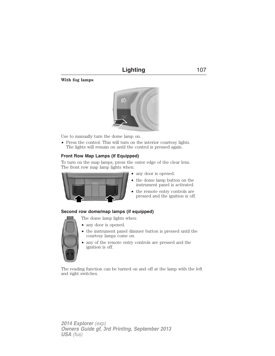 Front row map lamps (if equipped), Second row dome/map lamps (if equipped), Lighting 107 | FORD 2014 Explorer v.3 User Manual | Page 108 / 593