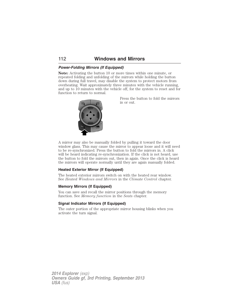 Power-folding mirrors (if equipped), Heated exterior mirror (if equipped), Memory mirrors (if equipped) | Signal indicator mirrors (if equipped), 112 windows and mirrors | FORD 2014 Explorer v.3 User Manual | Page 113 / 593