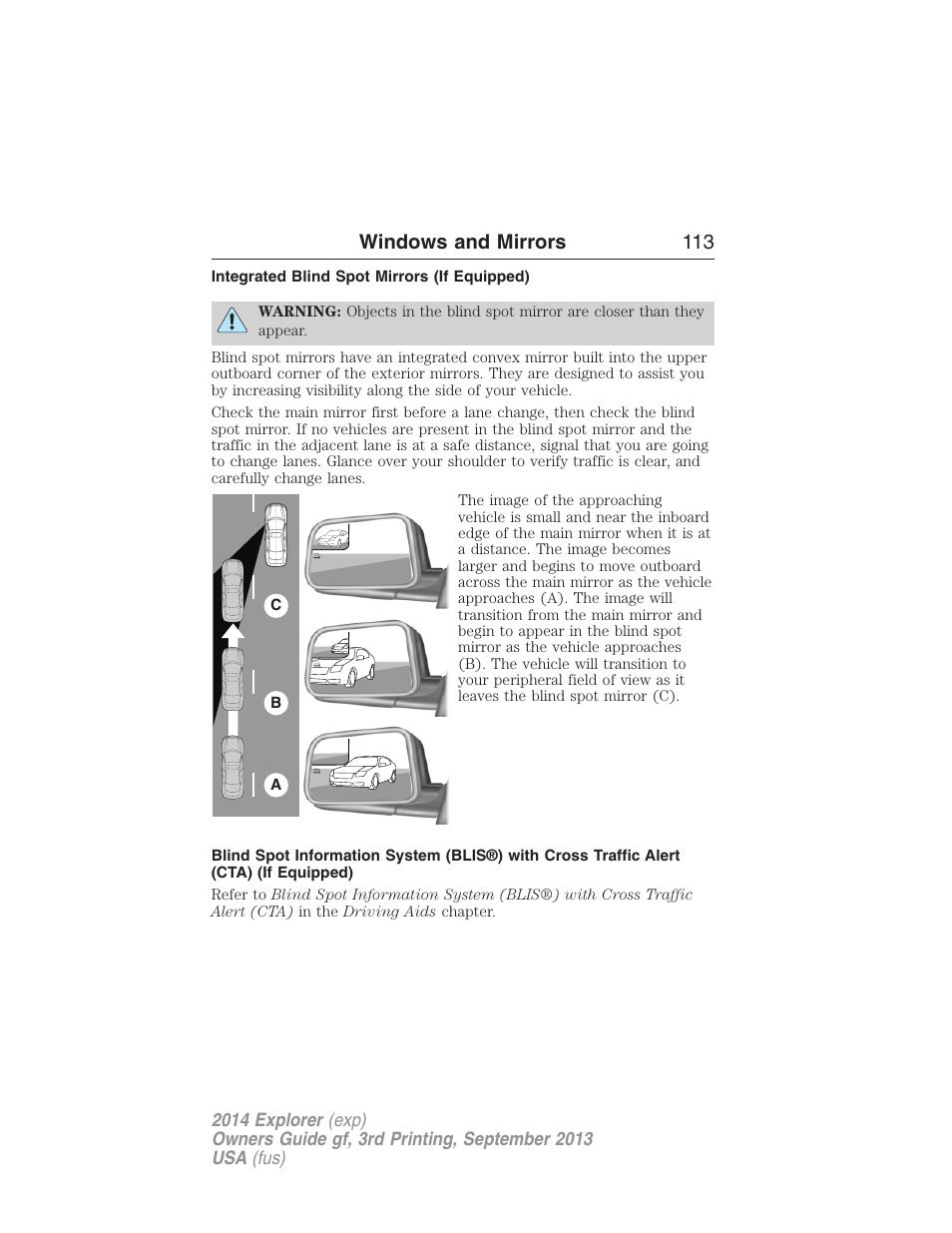 Integrated blind spot mirrors (if equipped), Windows and mirrors 113 | FORD 2014 Explorer v.3 User Manual | Page 114 / 593