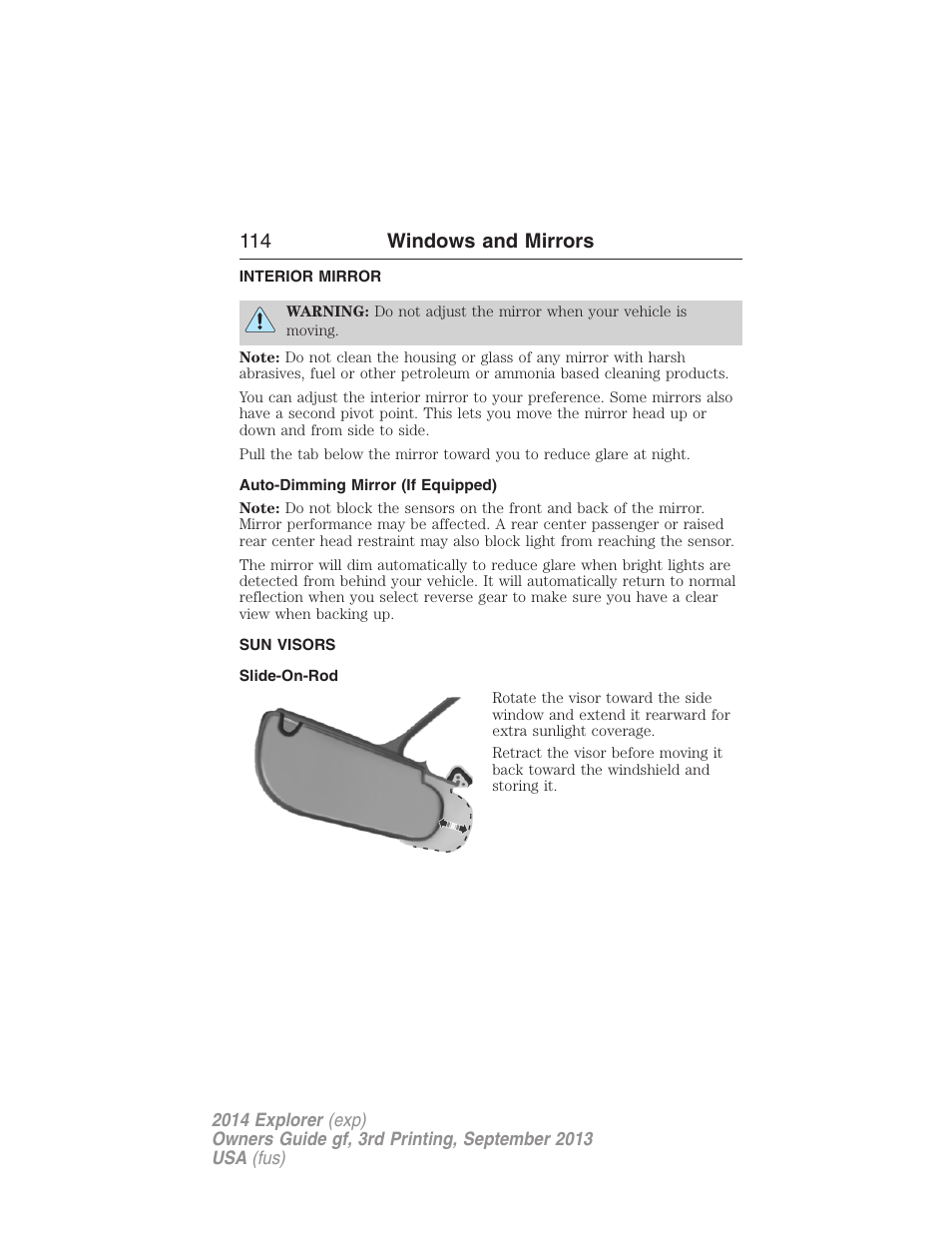 Interior mirror, Auto-dimming mirror (if equipped), Sun visors | Slide-on-rod, Interior mirrors, 114 windows and mirrors | FORD 2014 Explorer v.3 User Manual | Page 115 / 593