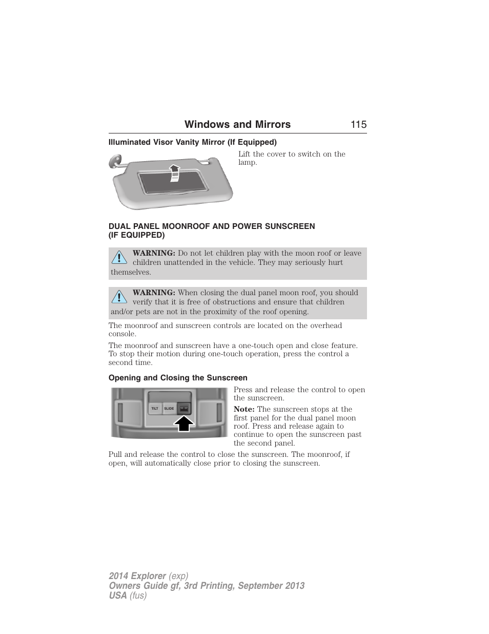 Illuminated visor vanity mirror (if equipped), Opening and closing the sunscreen, Moonroof | Windows and mirrors 115 | FORD 2014 Explorer v.3 User Manual | Page 116 / 593