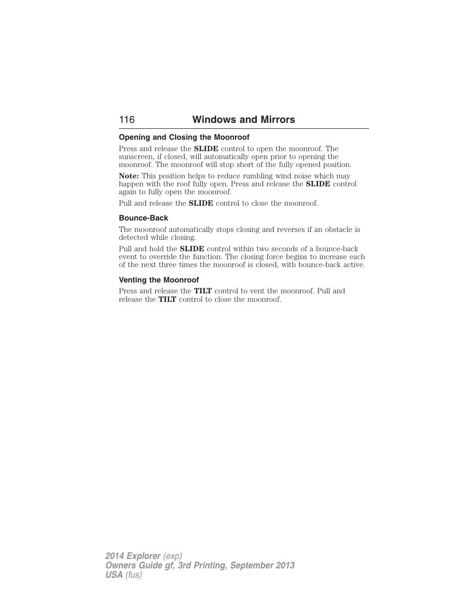 Opening and closing the moonroof, Bounce-back, Venting the moonroof | 116 windows and mirrors | FORD 2014 Explorer v.3 User Manual | Page 117 / 593