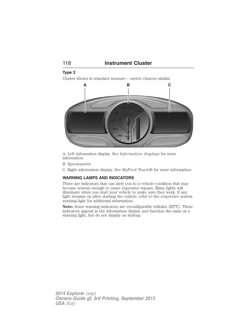 Type 2, Warning lamps and indicators, 118 instrument cluster | FORD 2014 Explorer v.3 User Manual | Page 119 / 593