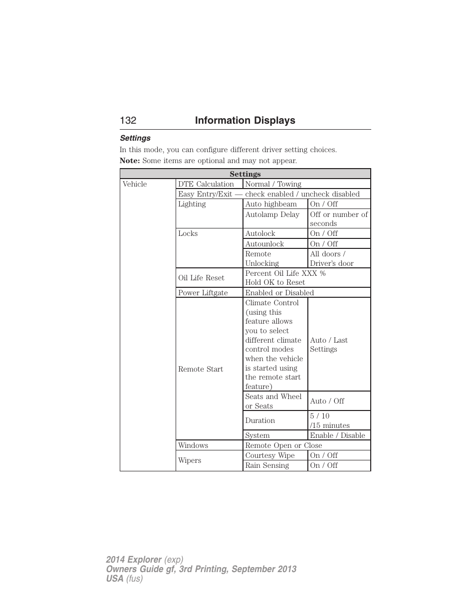 Settings, 132 information displays | FORD 2014 Explorer v.3 User Manual | Page 133 / 593