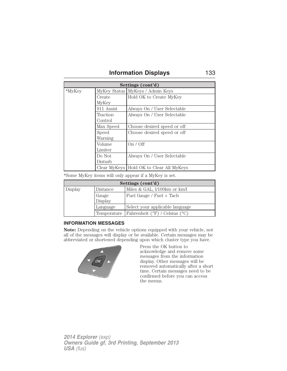 Information messages, Information displays 133 | FORD 2014 Explorer v.3 User Manual | Page 134 / 593