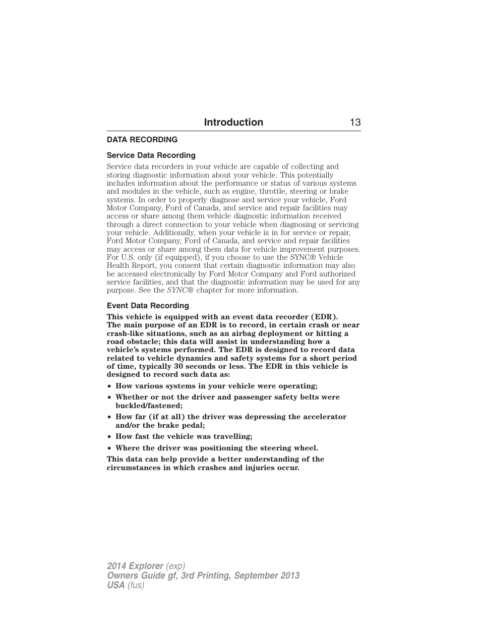 Data recording, Service data recording, Event data recording | Introduction 13 | FORD 2014 Explorer v.3 User Manual | Page 14 / 593