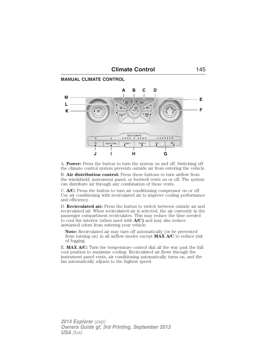 Climate control, Manual climate control, Manual heating and air conditioning | Climate control 145 | FORD 2014 Explorer v.3 User Manual | Page 146 / 593