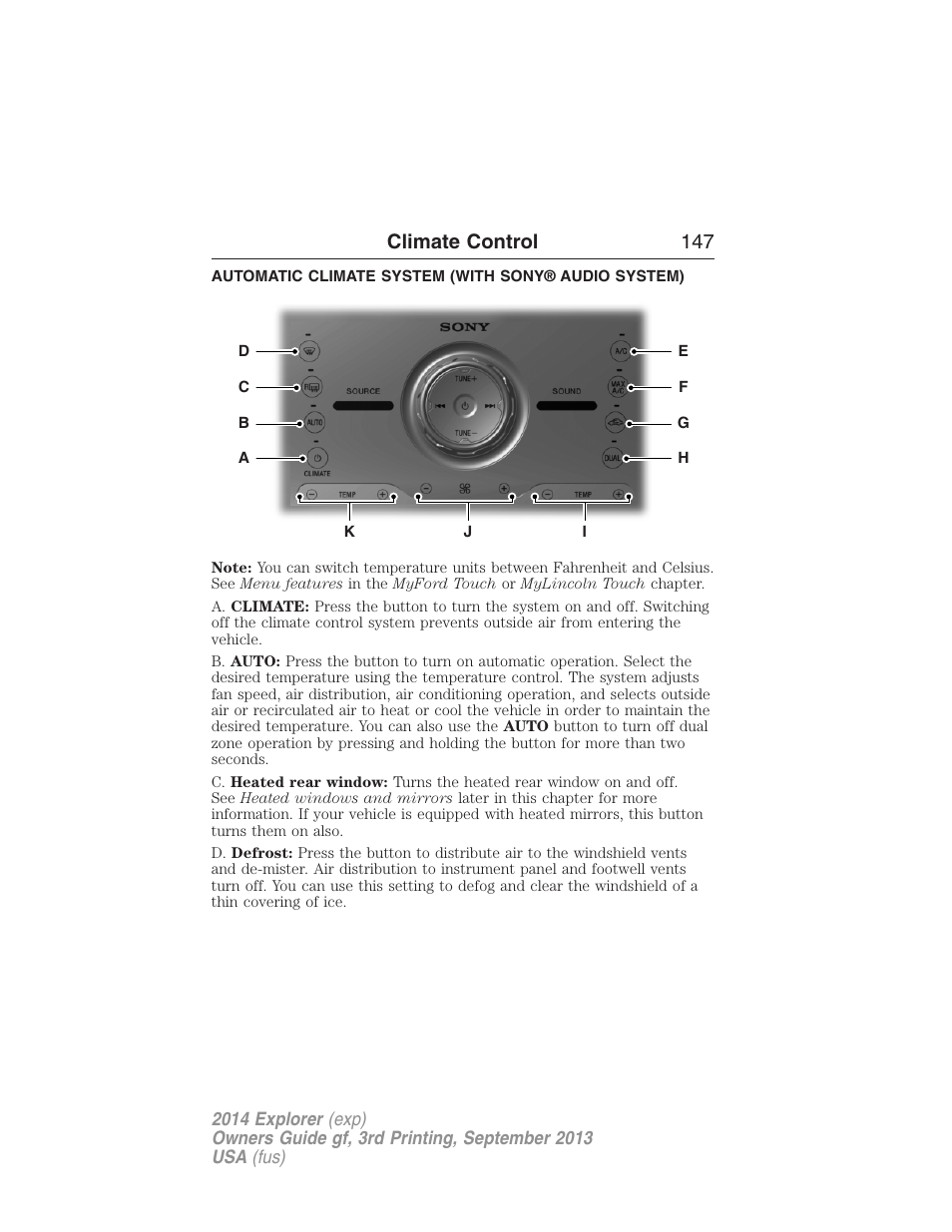 Automatic climate system (with sony® audio system), Dual automatic temperature control, Climate control 147 | FORD 2014 Explorer v.3 User Manual | Page 148 / 593