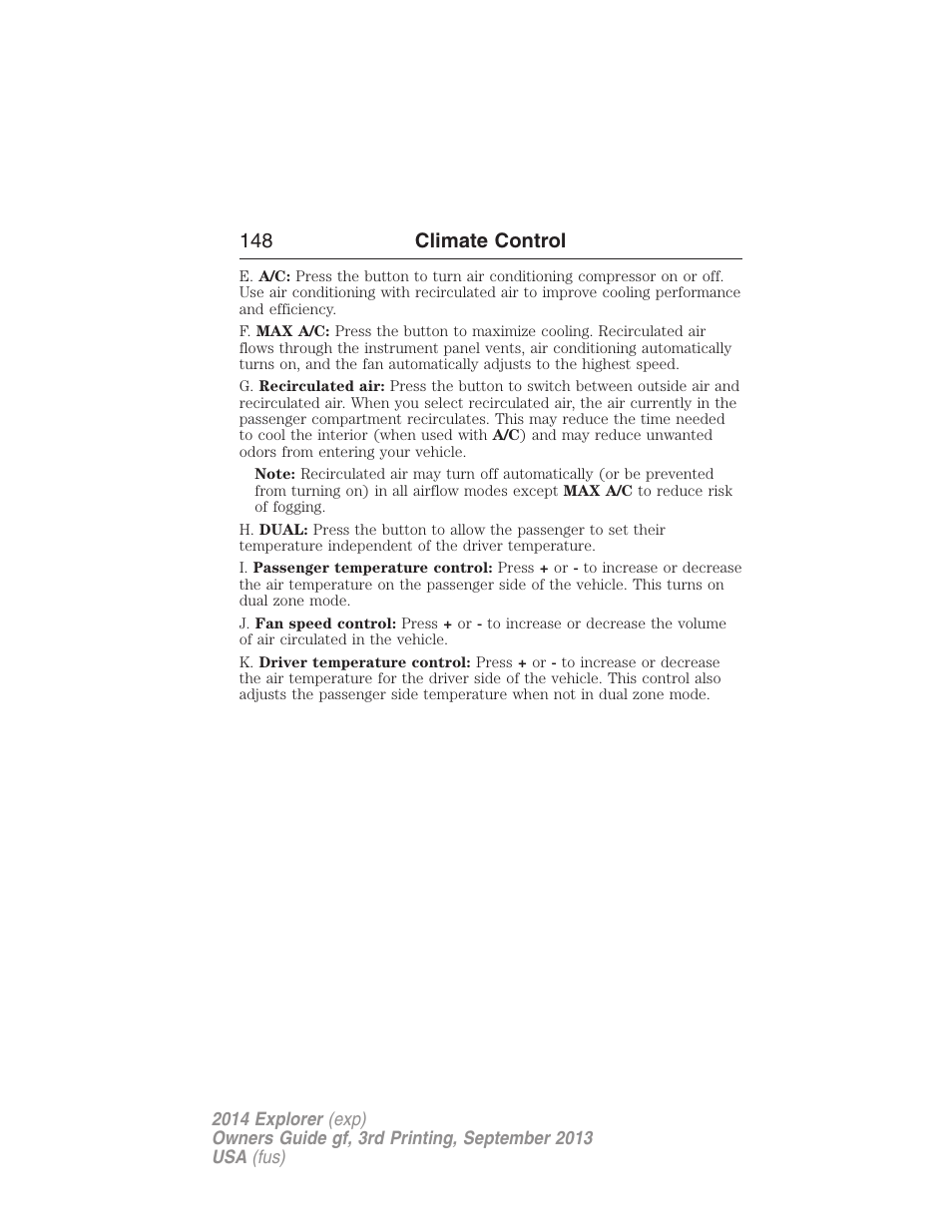 148 climate control | FORD 2014 Explorer v.3 User Manual | Page 149 / 593