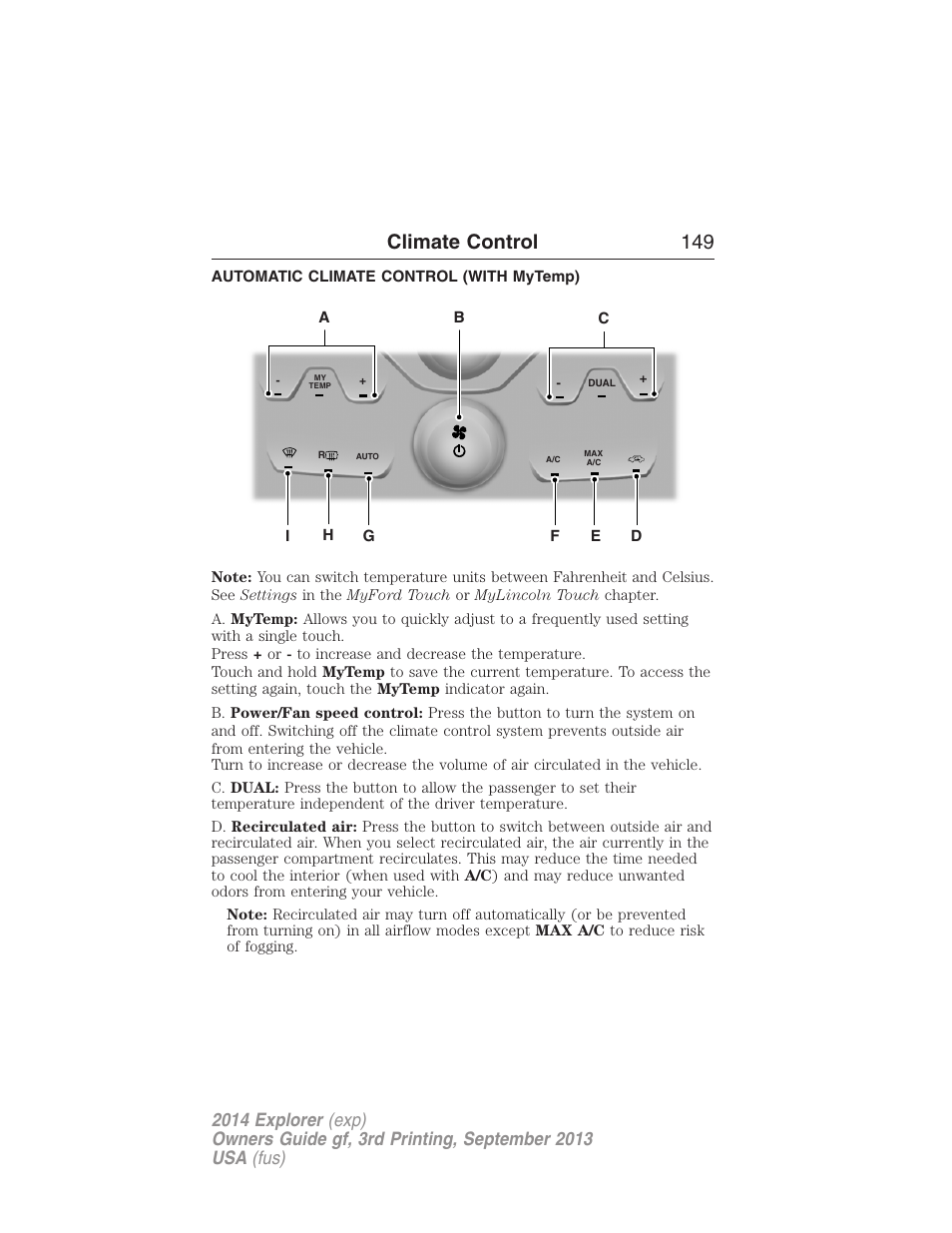 Automatic climate control (with mytemp), Climate control 149 | FORD 2014 Explorer v.3 User Manual | Page 150 / 593