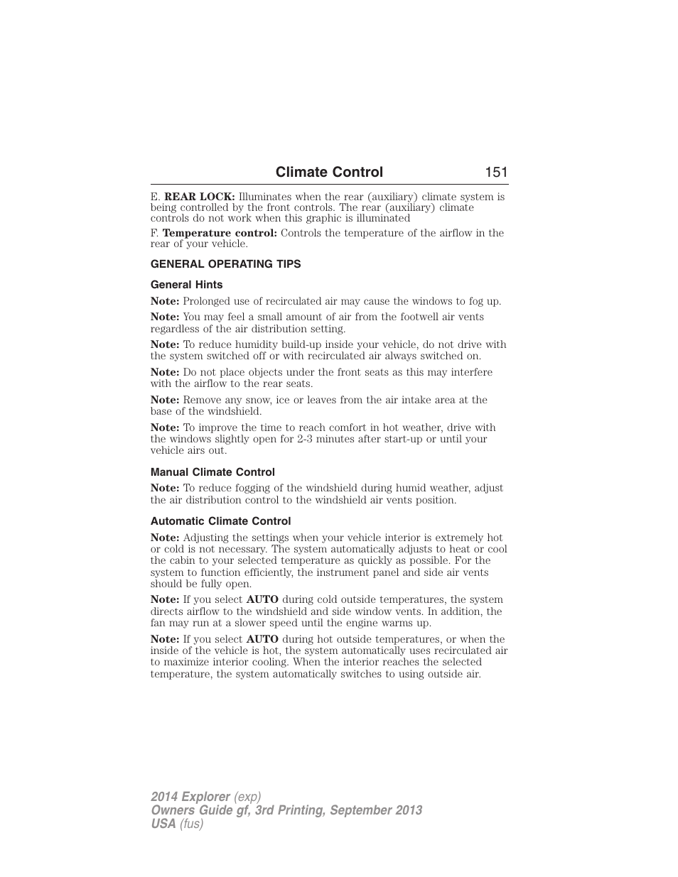 General operating tips, General hints, Manual climate control | Automatic climate control, Climate control 151 | FORD 2014 Explorer v.3 User Manual | Page 152 / 593