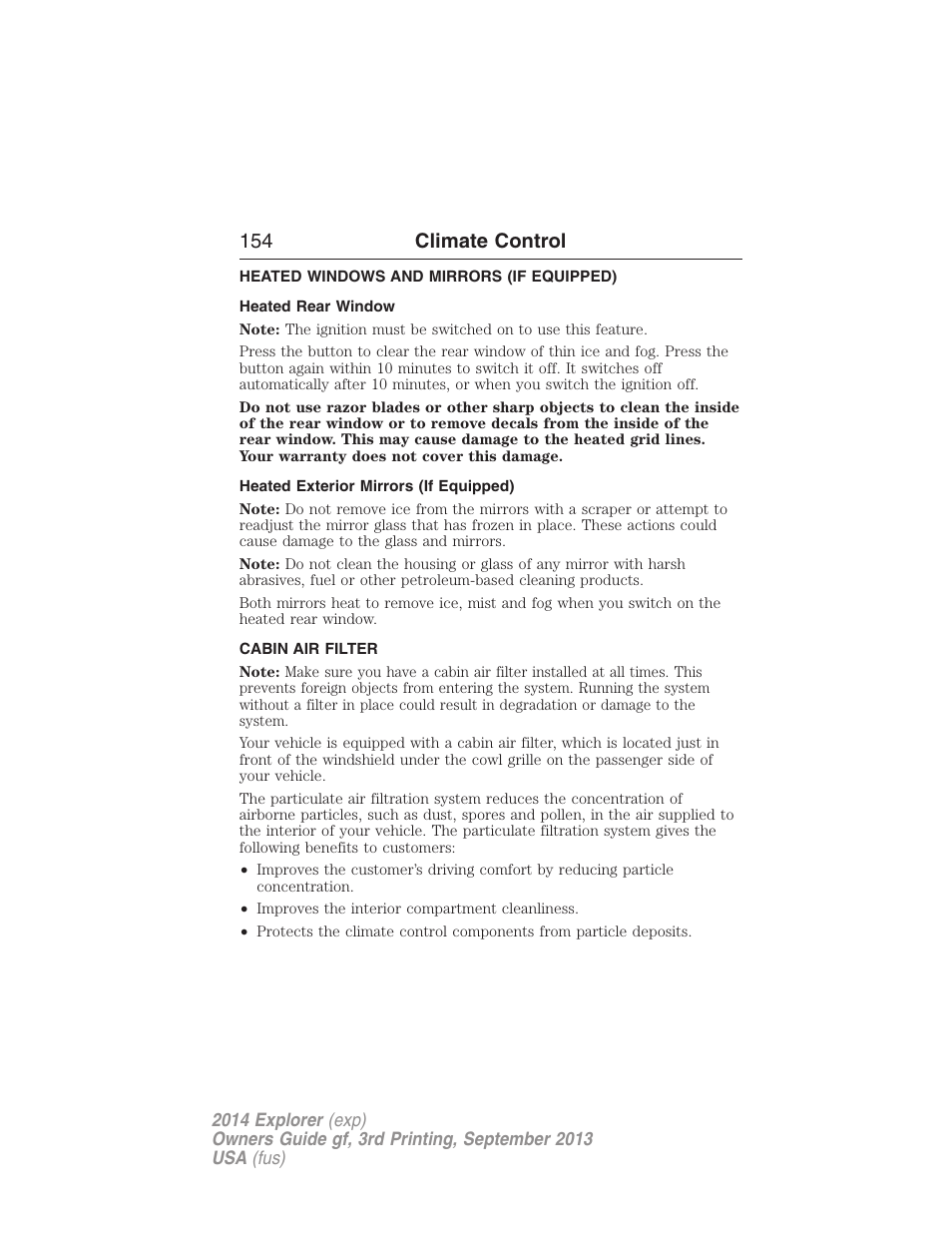 Heated windows and mirrors (if equipped), Heated rear window, Heated exterior mirrors (if equipped) | Cabin air filter, Rear window defroster, 154 climate control | FORD 2014 Explorer v.3 User Manual | Page 155 / 593