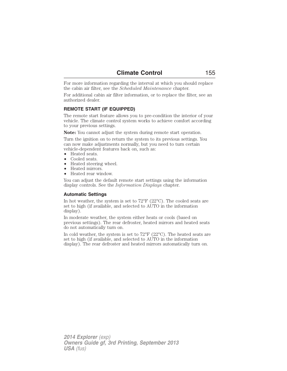 Remote start (if equipped), Automatic settings, Climate control 155 | FORD 2014 Explorer v.3 User Manual | Page 156 / 593