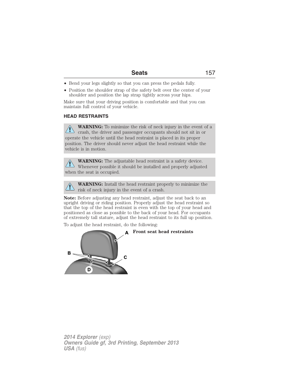 Head restraints, Seats 157 | FORD 2014 Explorer v.3 User Manual | Page 158 / 593