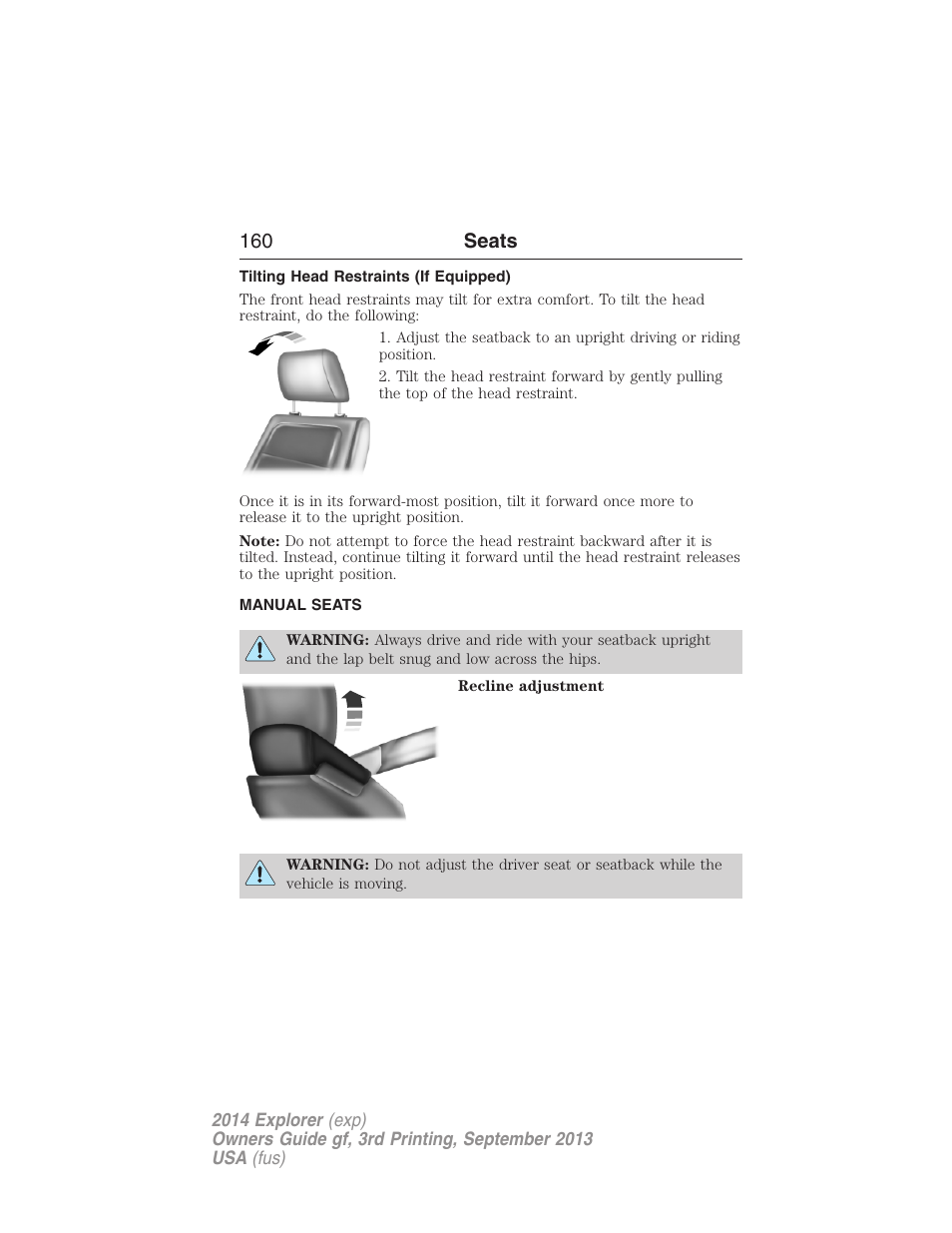 Tilting head restraints (if equipped), Manual seats, 160 seats | FORD 2014 Explorer v.3 User Manual | Page 161 / 593