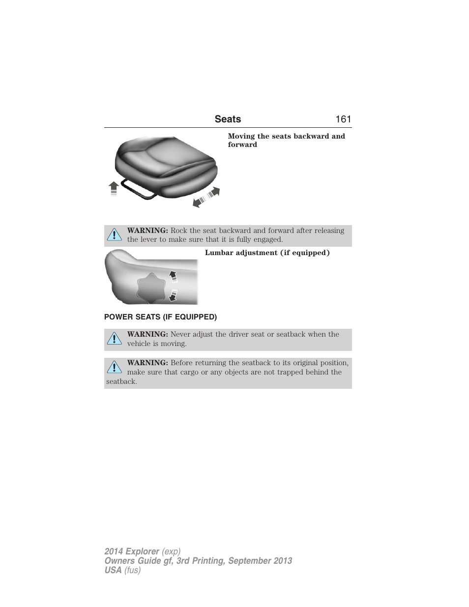 Power seats (if equipped), Power seats, Seats 161 | FORD 2014 Explorer v.3 User Manual | Page 162 / 593
