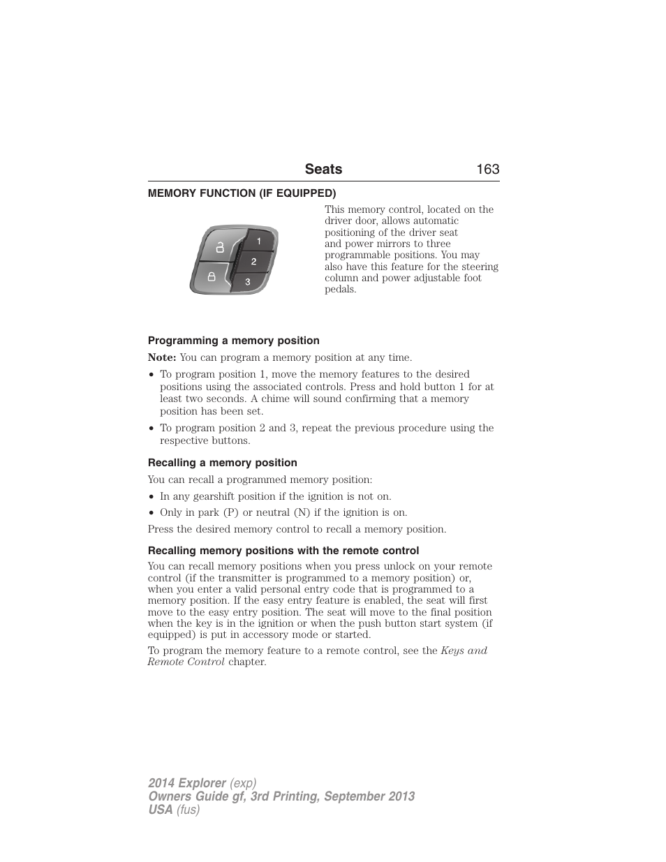 Memory function (if equipped), Programming a memory position, Recalling a memory position | Recalling memory positions with the remote control, Memory function, Seats 163 | FORD 2014 Explorer v.3 User Manual | Page 164 / 593