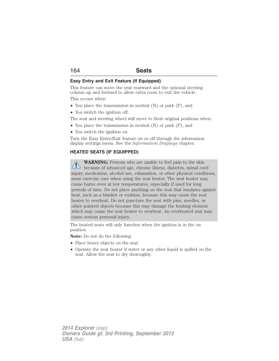 Easy entry and exit feature (if equipped), Heated seats (if equipped), Heated seats | 164 seats | FORD 2014 Explorer v.3 User Manual | Page 165 / 593