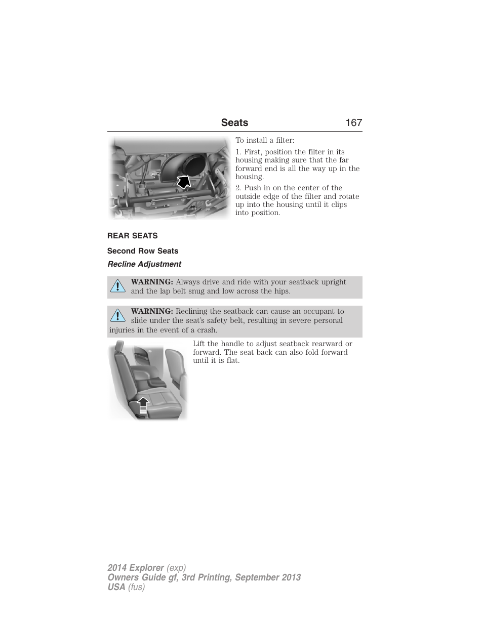 Rear seats, Second row seats, Recline adjustment | Seats 167 | FORD 2014 Explorer v.3 User Manual | Page 168 / 593