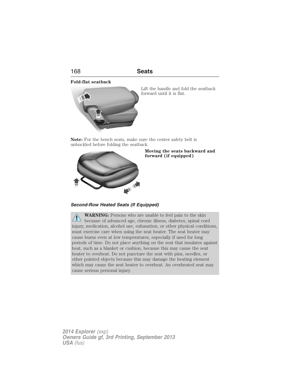 Second-row heated seats (if equipped), 168 seats | FORD 2014 Explorer v.3 User Manual | Page 169 / 593