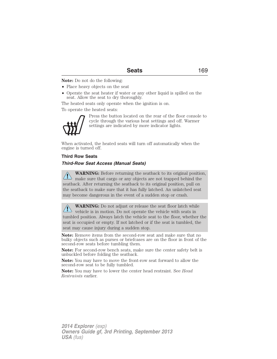 Third row seats, Third-row seat access (manual seats), Seats 169 | FORD 2014 Explorer v.3 User Manual | Page 170 / 593