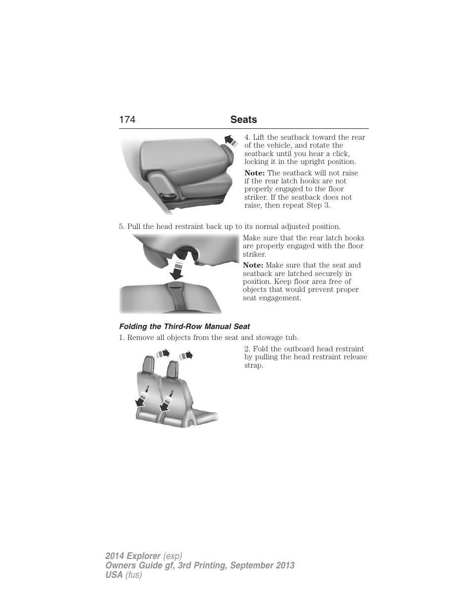 Folding the third-row manual seat, 174 seats | FORD 2014 Explorer v.3 User Manual | Page 175 / 593