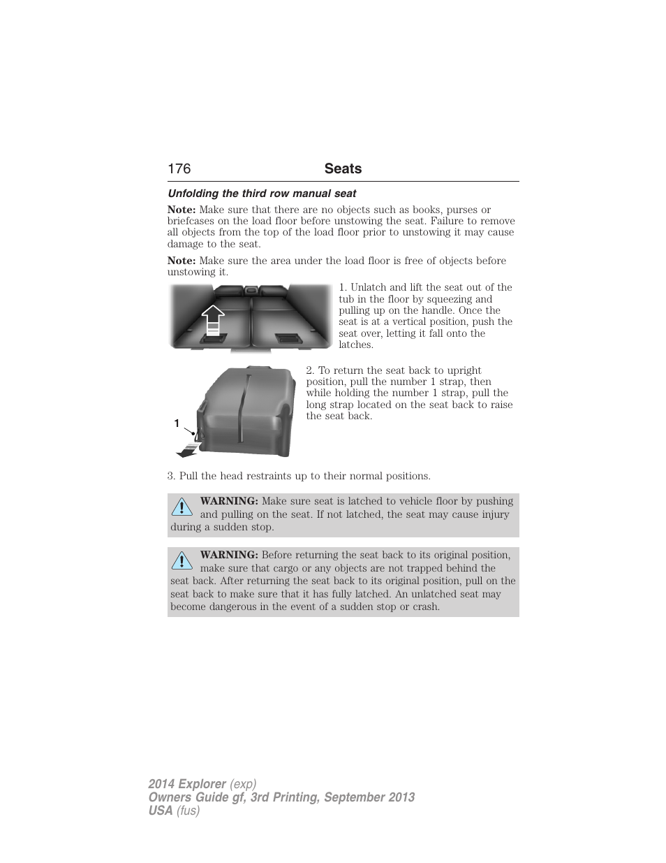 Unfolding the third row manual seat, 176 seats | FORD 2014 Explorer v.3 User Manual | Page 177 / 593