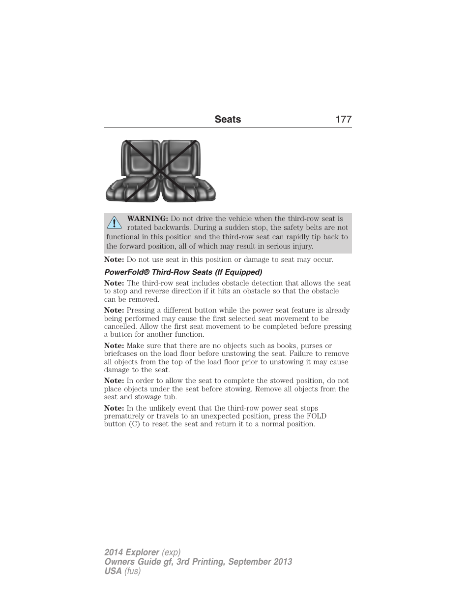 Powerfold® third-row seats (if equipped), Seats 177 | FORD 2014 Explorer v.3 User Manual | Page 178 / 593