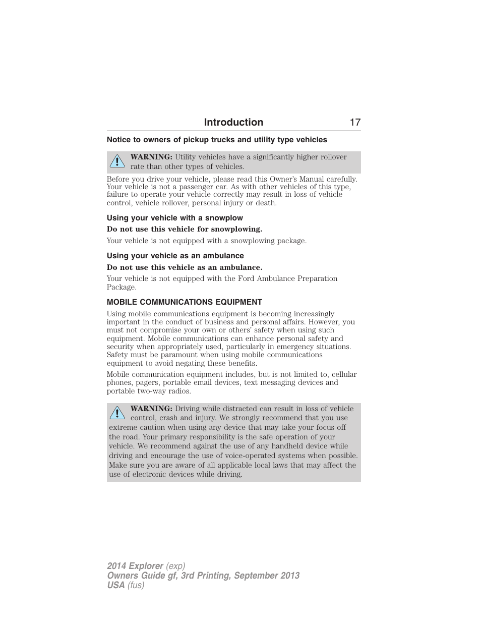 Using your vehicle with a snowplow, Using your vehicle as an ambulance, Mobile communications equipment | Introduction 17 | FORD 2014 Explorer v.3 User Manual | Page 18 / 593