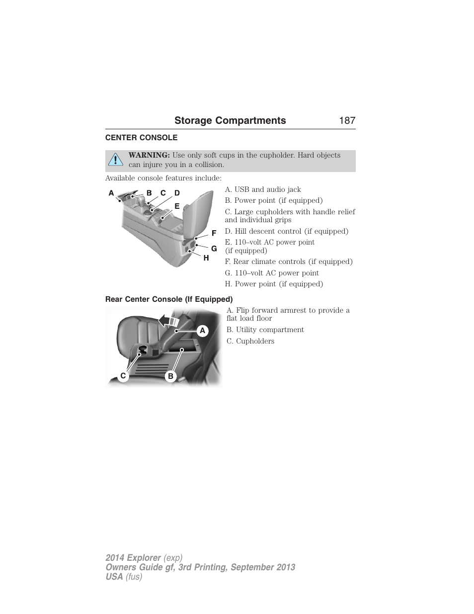 Storage compartments, Center console, Rear center console (if equipped) | Storage compartments 187 | FORD 2014 Explorer v.3 User Manual | Page 188 / 593