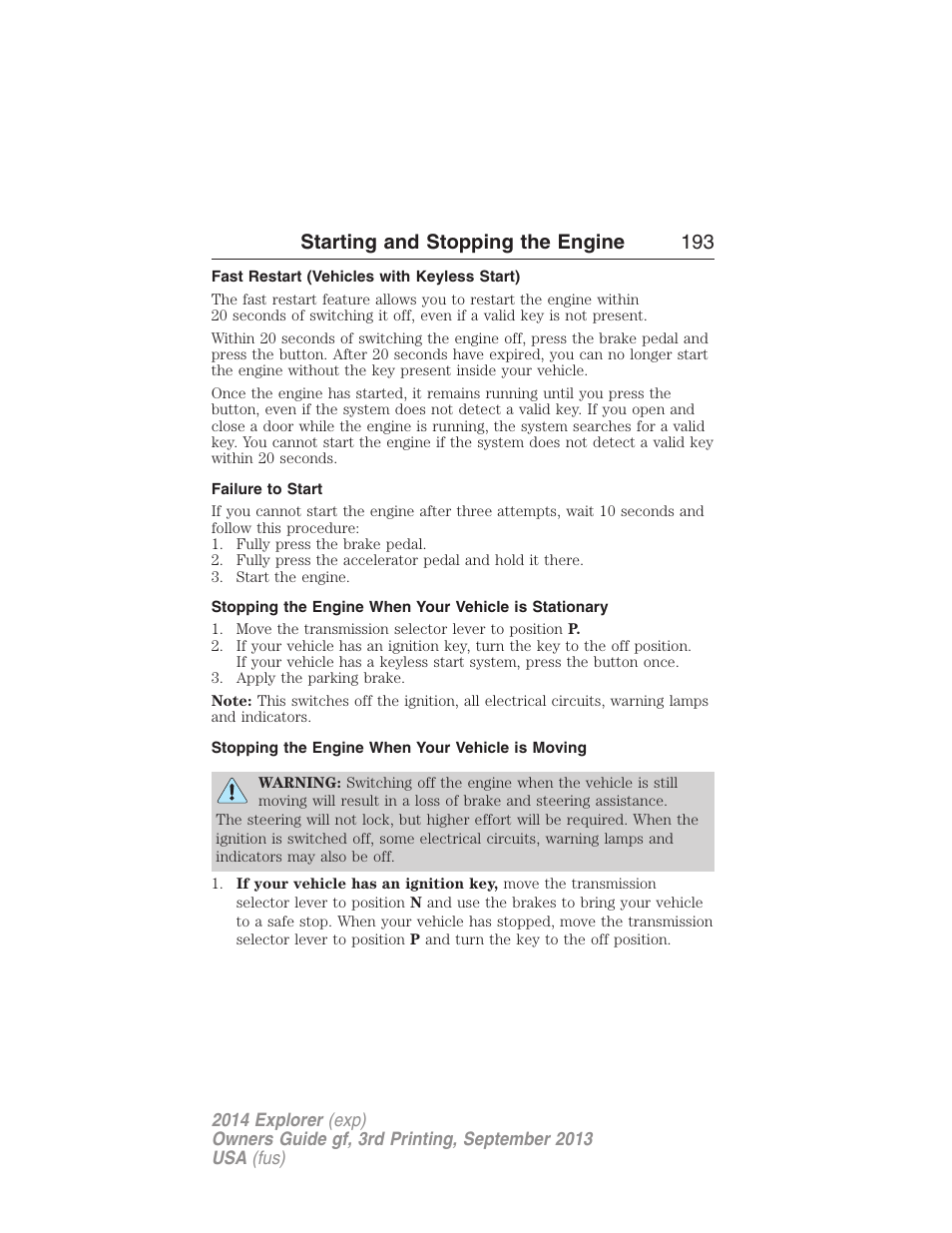 Fast restart (vehicles with keyless start), Failure to start, Stopping the engine when your vehicle is moving | Starting and stopping the engine 193 | FORD 2014 Explorer v.3 User Manual | Page 194 / 593