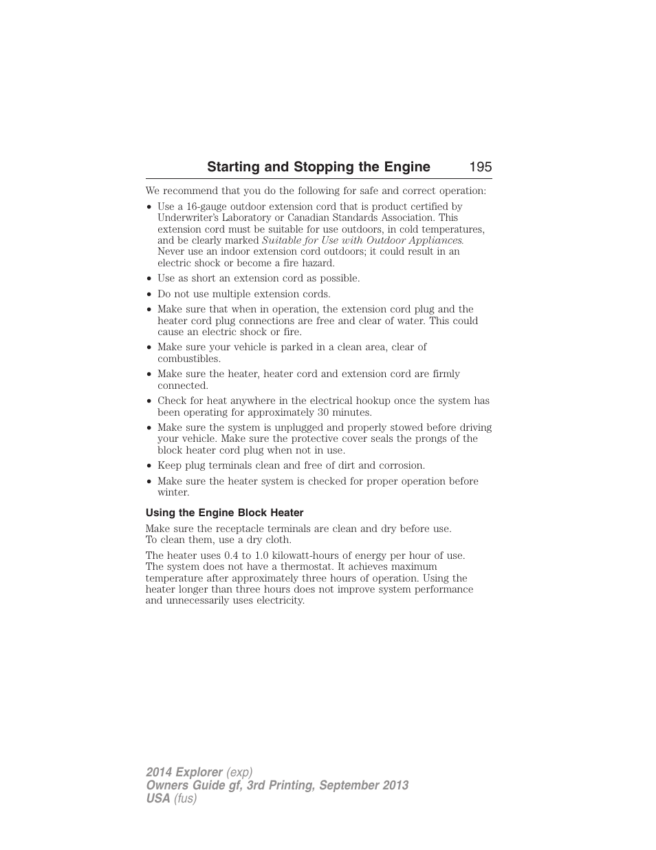 Using the engine block heater, Starting and stopping the engine 195 | FORD 2014 Explorer v.3 User Manual | Page 196 / 593