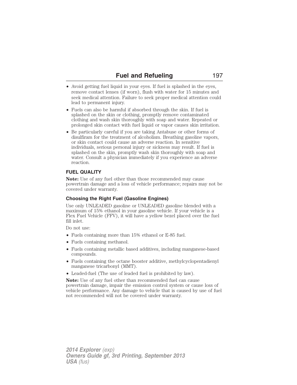 Fuel quality, Choosing the right fuel (gasoline engines), Fuel and refueling 197 | FORD 2014 Explorer v.3 User Manual | Page 198 / 593