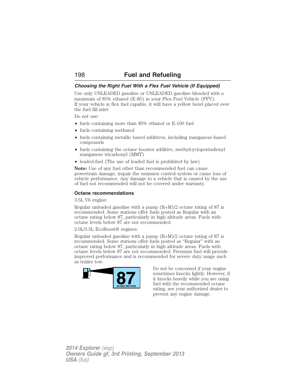 Octane recommendations | FORD 2014 Explorer v.3 User Manual | Page 199 / 593